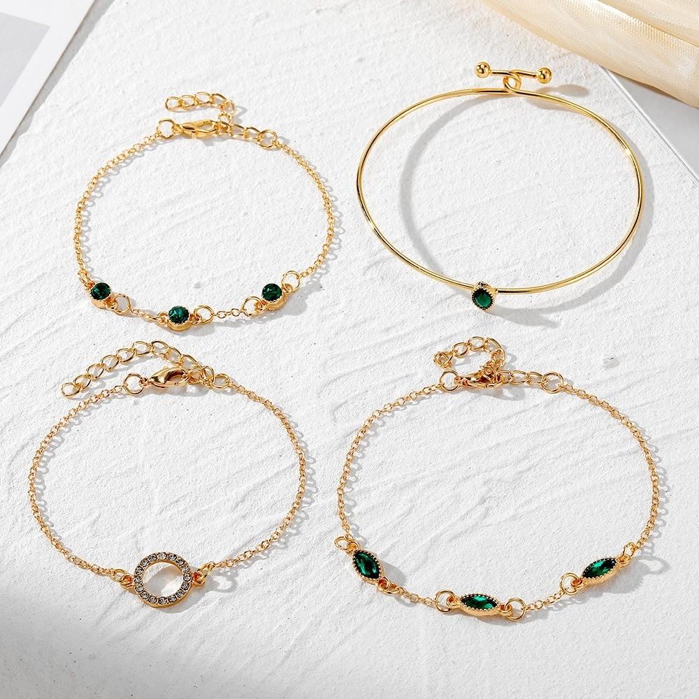 4Pcs/Set Imitation Gemstone Bangle Set Green Color Jewelry Set Fashion Hollow Bracelet