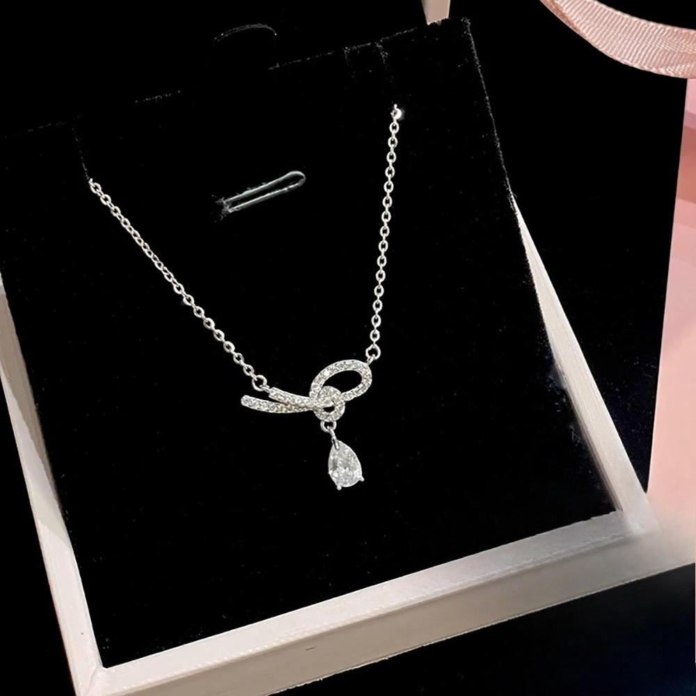 Sterling Silver Korean Knots Necklace Pendant for Women Jewelry Zircon Waterdrop Necklace Simple Wedding Party Gift Collar