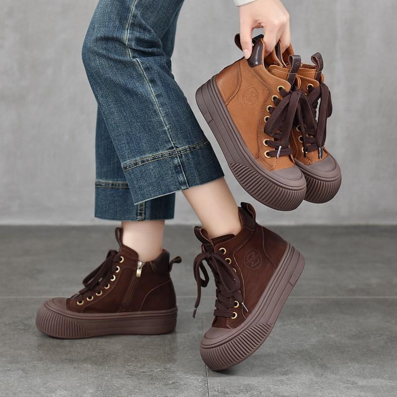 Johnature Versatile Plush Warm Short Boots Genuine Leather Round Toe Casual Women's Flat Platform Shoes