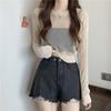 Thin Long Sleeved Sunscreen Knitted Sweater for Women Loose and Lazy Style Hollowed Out Cover Shirt with Suspender Straps Short Top for External Use