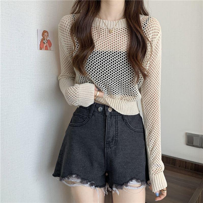 Thin Long Sleeved Sunscreen Knitted Sweater for Women Loose and Lazy Style Hollowed Out Cover Shirt with Suspender Straps Short Top for External Use