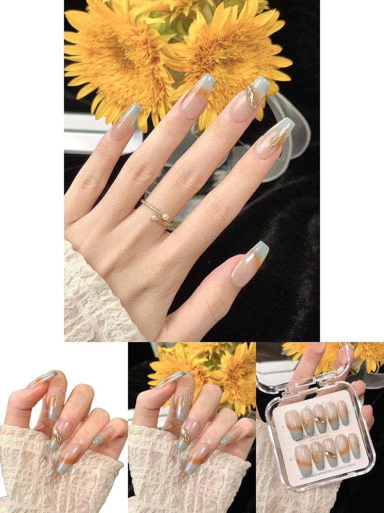 Forest Mist Color Handmade Nail Stickers With Ice Transparent Design Long Style Removable
