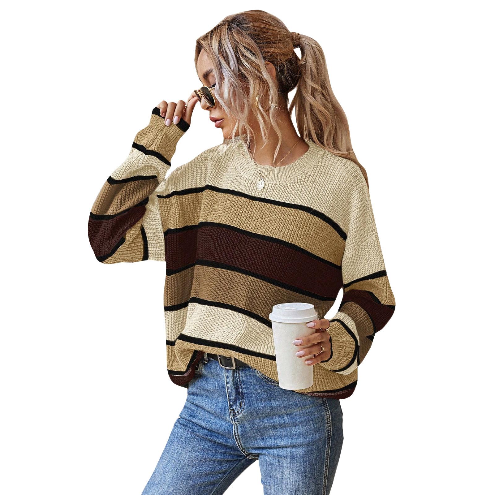 

Women s Fashion Round Neck Sweater Lazy Loose Classic Striped Long Sleeves M бежевый