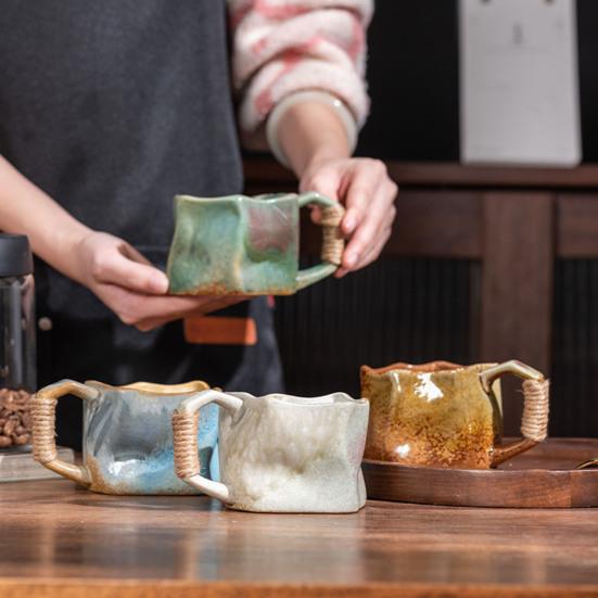 Handmade Ceramic Mug 320ml Vintage Tea Coffee Cup with Rattan Handle Creative Spiral Design Gradient Glaze Drinkware Home Decor Gifts