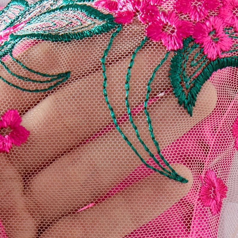 2-Piece Plus Size Naughty Lingerie Set - Sexy Floral Embroidered Sheer Mesh Bra and Thong Costume for Women