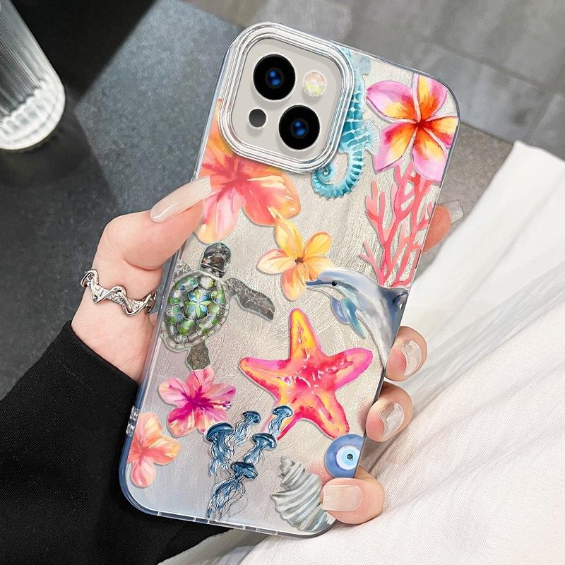 Funda de Teléfono Delfín Tortuga para iPhone 16 Promax 15Plus 14 13 12 Pro Max 11 X XR XS MAX 7 8 Plus SE2 Cubierta de Pluma