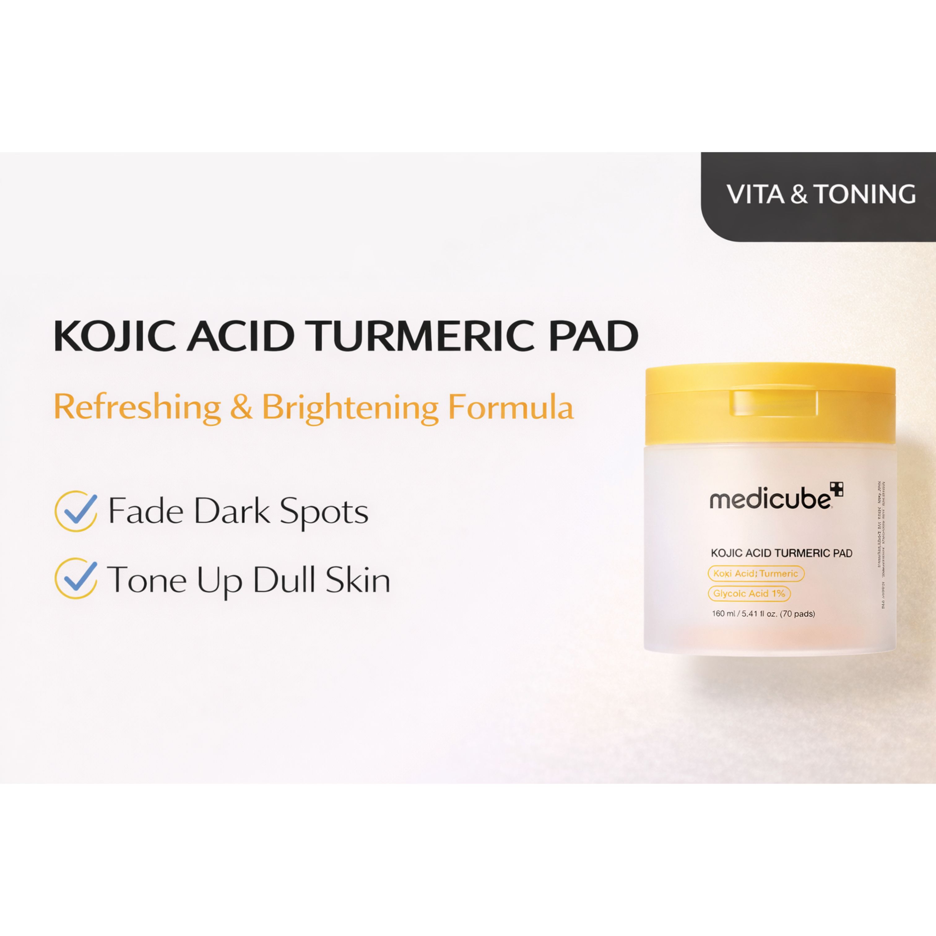 MEDICUBE Kojic Acid Turmeric Vita Brightening Toning Toner Pads 70 Sheets – Radiance & Tone-Up Care