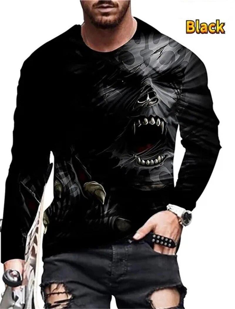 

Винтажные футболки с черепом, мужская футболка с длинным рукавом с 3D принтом, уличные трендовые хип-хоп футболки с круглым вырезом, большие футболки в стиле панк, пуловеры, топы XXL