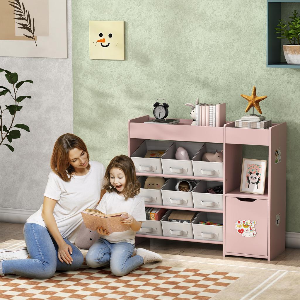 Kids Toy Storage, 9 Removable Fabric Bins, Wooden Toy Storage Units for Toys and Books for Bedroom, Nursery, Pink