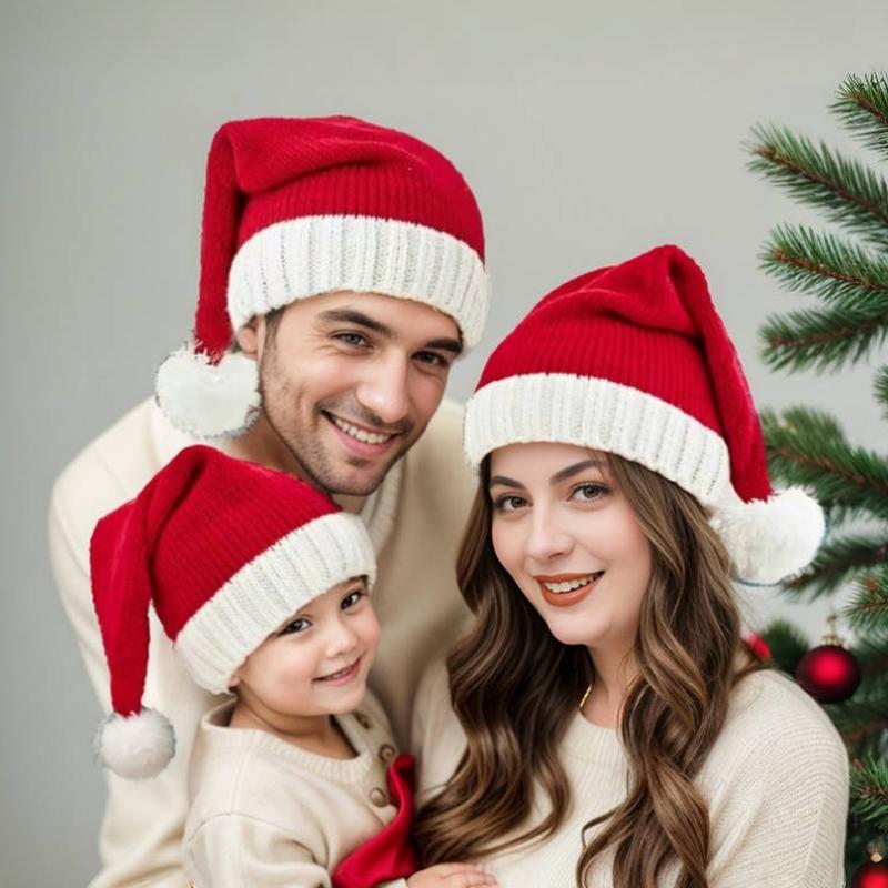 Christmas Warm Knitted Woolen Hat Winter Red Santa Hat Holiday Dress Parent-Child Woolen Hat