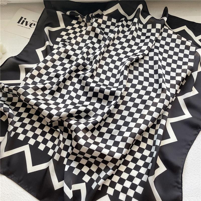 Temperament Small Square Plaid Silk Scarf Simulation Silk Scarf Winter Black and White Professional Scarf Spring and Summer Sun Protection Shawl Squar