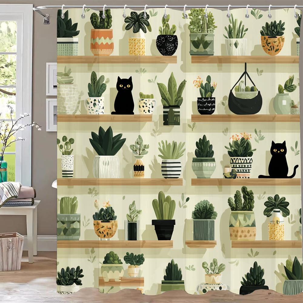 Modern Plant and Cartoon Cute Cat Shower Curtain, Bathroom Decorative Shower Curtain, Printed Polyester Home Curtain with Hooks