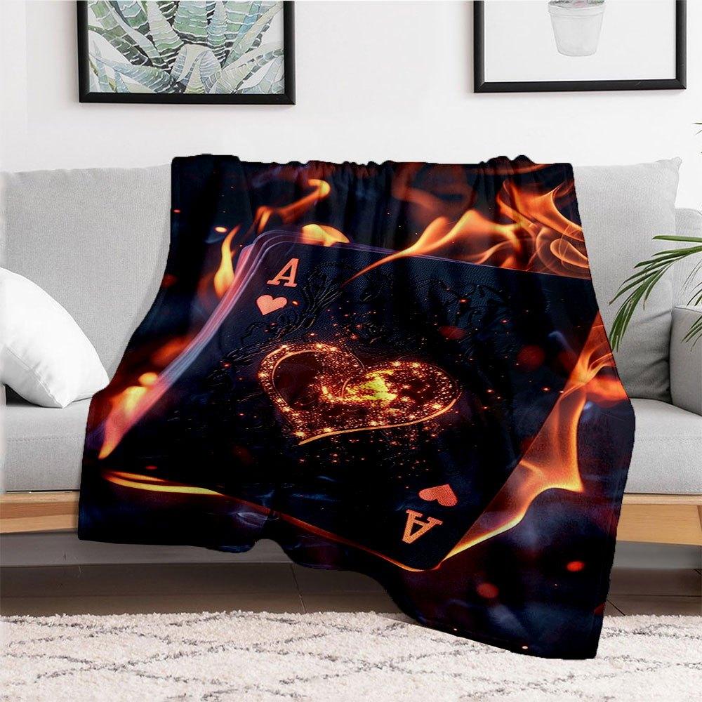 Flaming Heart Ace Playing Cards - Limited Edition Poker DeckBlanket Flannel Throw Blanket for Sofa, Bed, Travel, Camping, Office