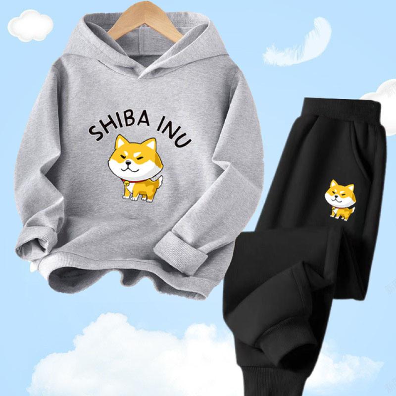 Shiba Inu søt hettegensersett med hundetrykk for barn Vår Høst Langbukser Joggedress Sportsklær Hettegensersett