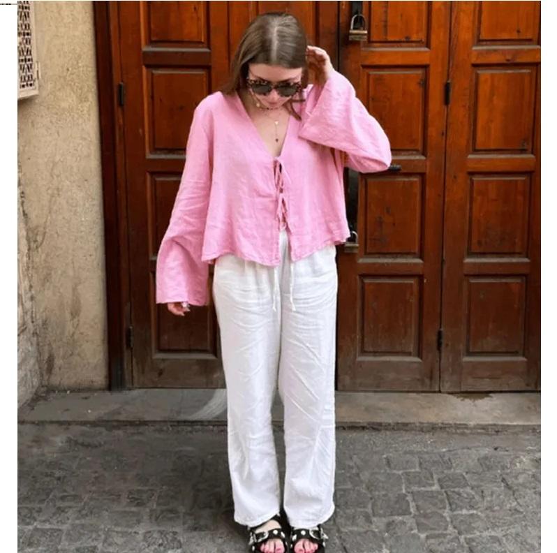 Women's Deep V-neck Flared Sleeve Tied Top Linen Lace Up Long Sleeve for Women Fashion Chic Casual Loose V Neck Shirt