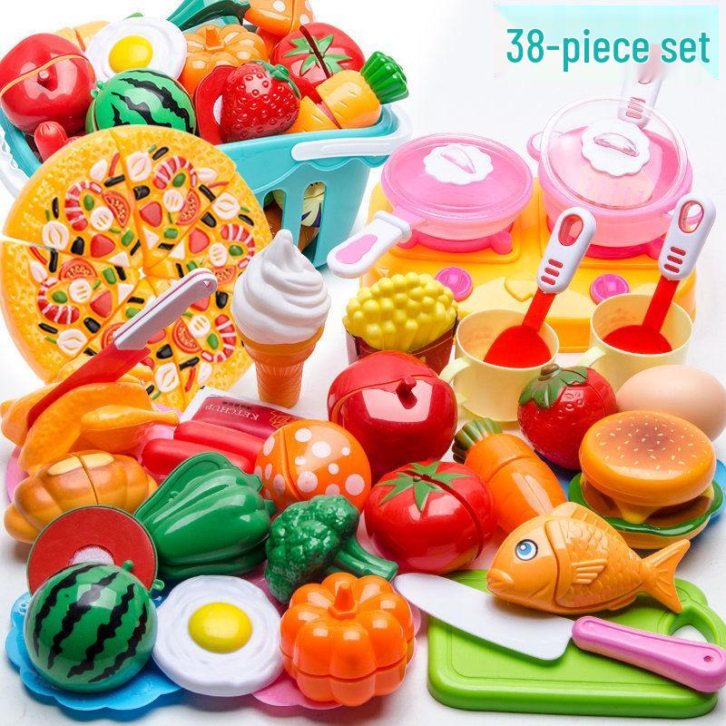 Kids' Pretend Play Kitchen Set: Fruit, Vegetables, Pizza, Cake Cutting Toy