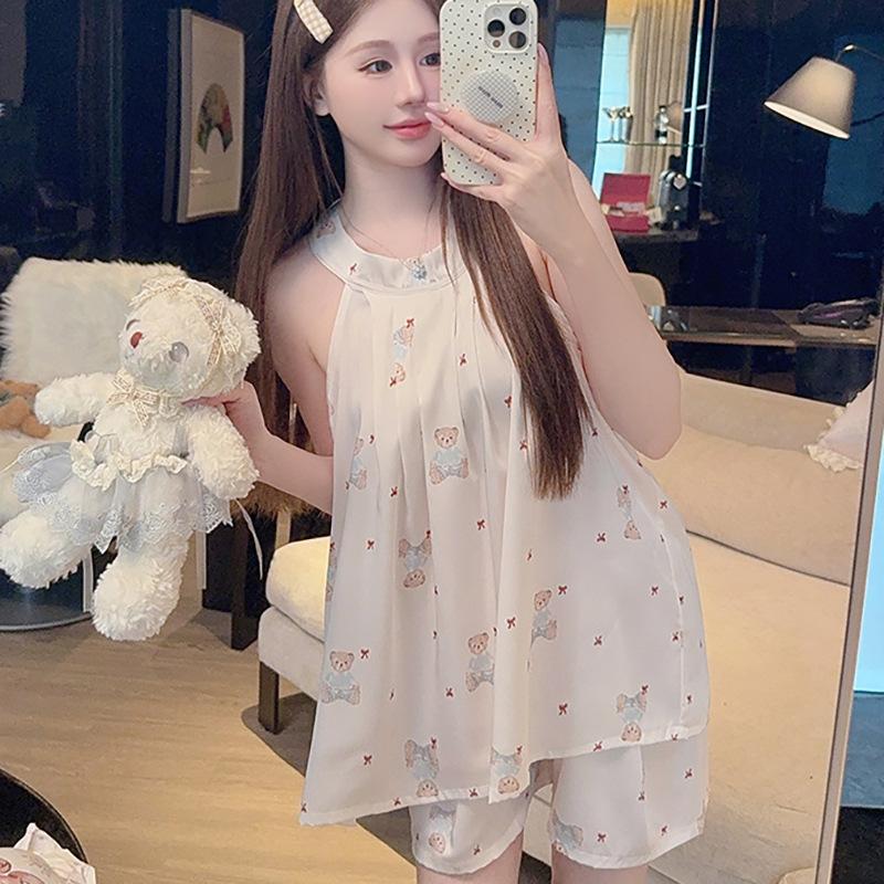 Summer new sleeveless fashion sweet sleeveless shorts pajama set soft comfortable cool summer pajama set