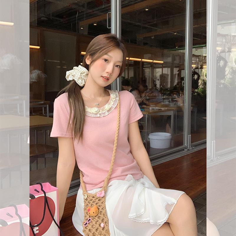 High-end Design Three-dimensional Flower Round Neck Front Shoulder Short-sleeved T-shirt Women's Summer Pink Sweet and Chic New Top