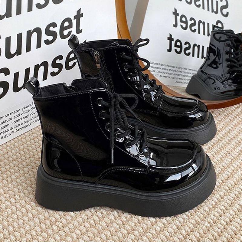 Brown Martin Boots Women's Spring and Autumn Platform Short Boots Ugly Cute Big Head Cigarette Boots Small Height Increasing Black Skinny Boots