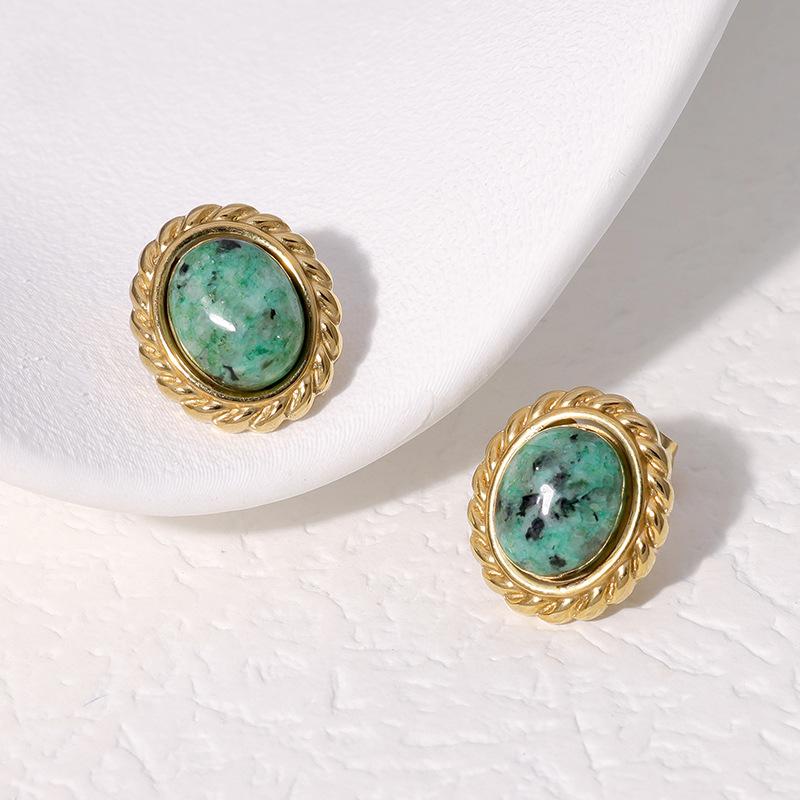 Vintage Stainless Steel Oval Stone Drop Earrings for Women Ladies Palace Style Temperament No Fading Stud Earrings Jewelry Gifts
