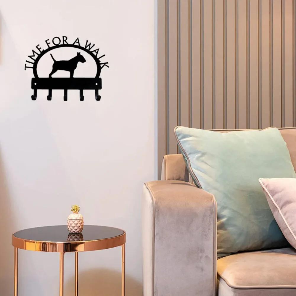 1pc Hooks Bull Terrier Time for A Walk Key Rack Dog Leash Hanger Metal Wall Hook for HomeBedroom/Home Decoration Hanger
