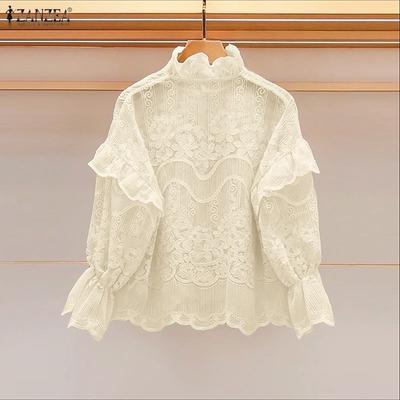 Women Casual Round Neck Long Sleeve Loose Patchwork Lace Blouse