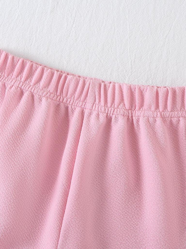 Girls' Two-Piece Outfit: Stylish & Cute Spring/Summer Set featuring a Pink Crew-Neck Tank Top with 3D Pleated Bow Accent, Paired with Loose-Fit Shorts