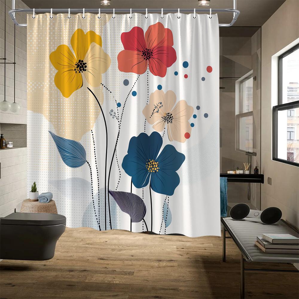 

Abstract Flower Shower Curtain – Colorful Blooms in Yellow, Red, Blue & Beige, Black Stems, Polka Dot Background, Polyester 90x180cm35x71in