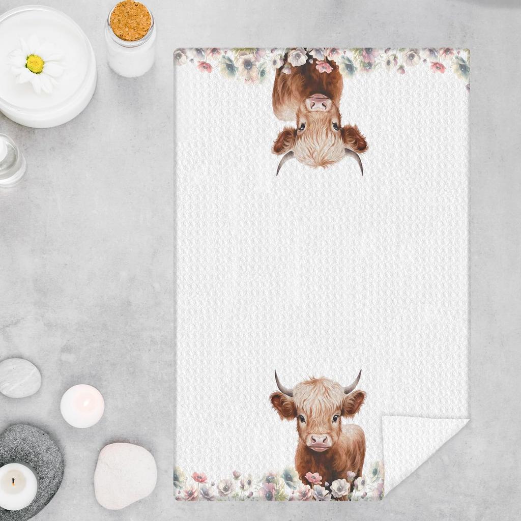 Floral Highland Cow Kitchen Towels, Cow Lovers Gifts for Women Dish Tea Towels for Kitchen Decor, Farmhouse Flower Highland Cattle Decorative Hand