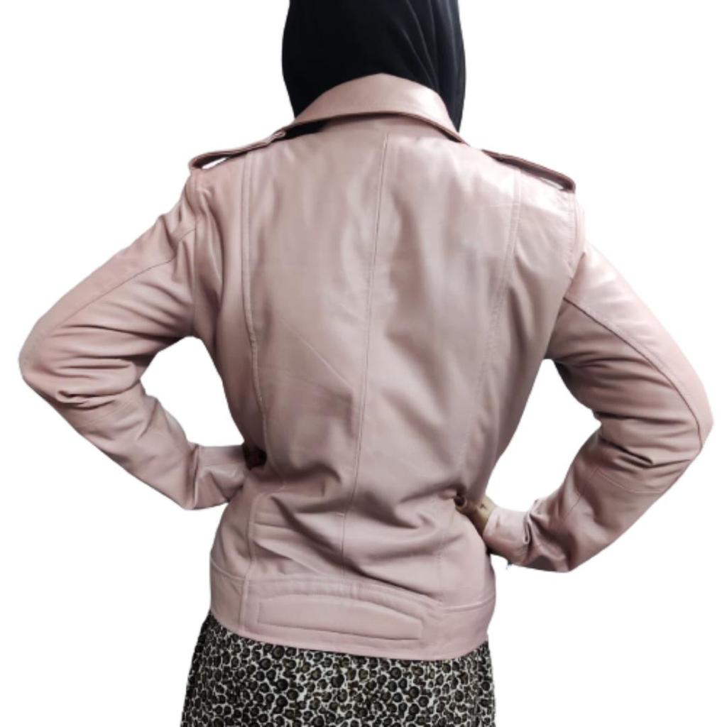 NOORA Women's Baby Pink Lambskin Leather Jacket | Quilted Designer Biker Leather Jacket | Shinny Winter Jacket