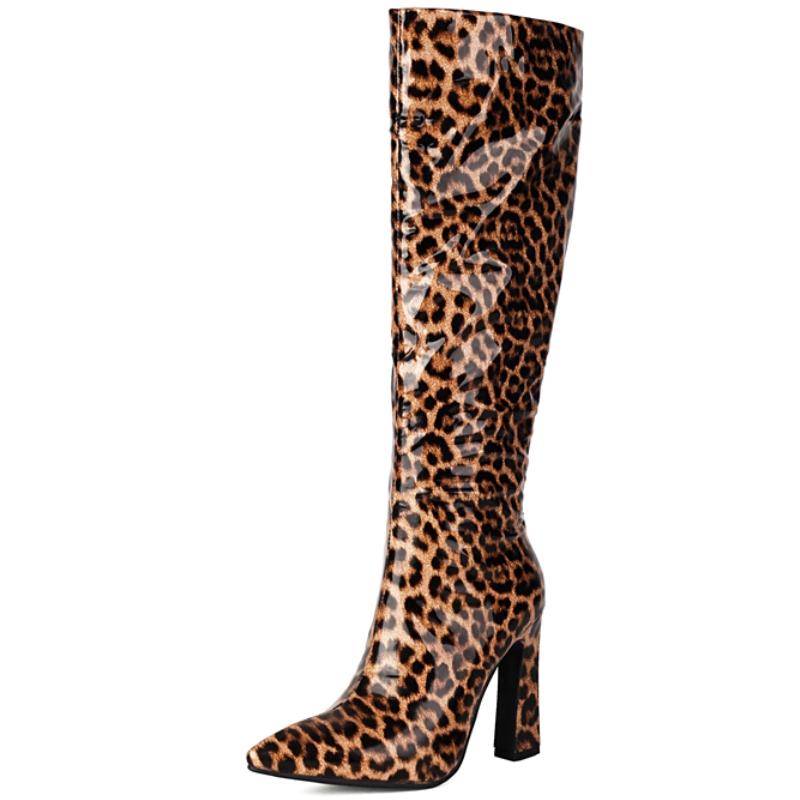 

Сексуальные леопардовые высокие сапоги для женщин Обувь 2025 Острый носок Блочный высокий каблук Женские сапоги до колена Длинная праздничная обувь Обувь Леди 43 леопардовый