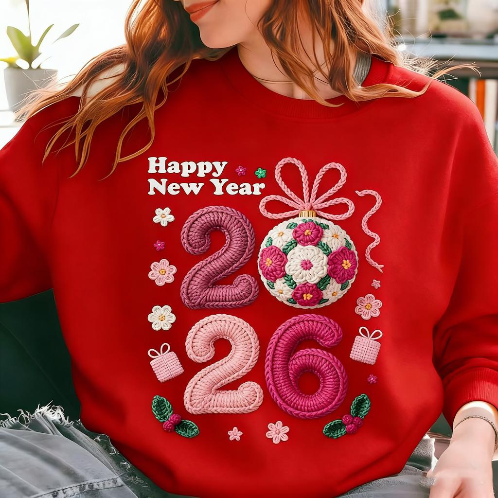 Happy New Year 2026 Crochet Yarn Design Digital Download Autumn and Winter Thermal Hoodie Long Sleeve Sweatshirt Adult Pullover