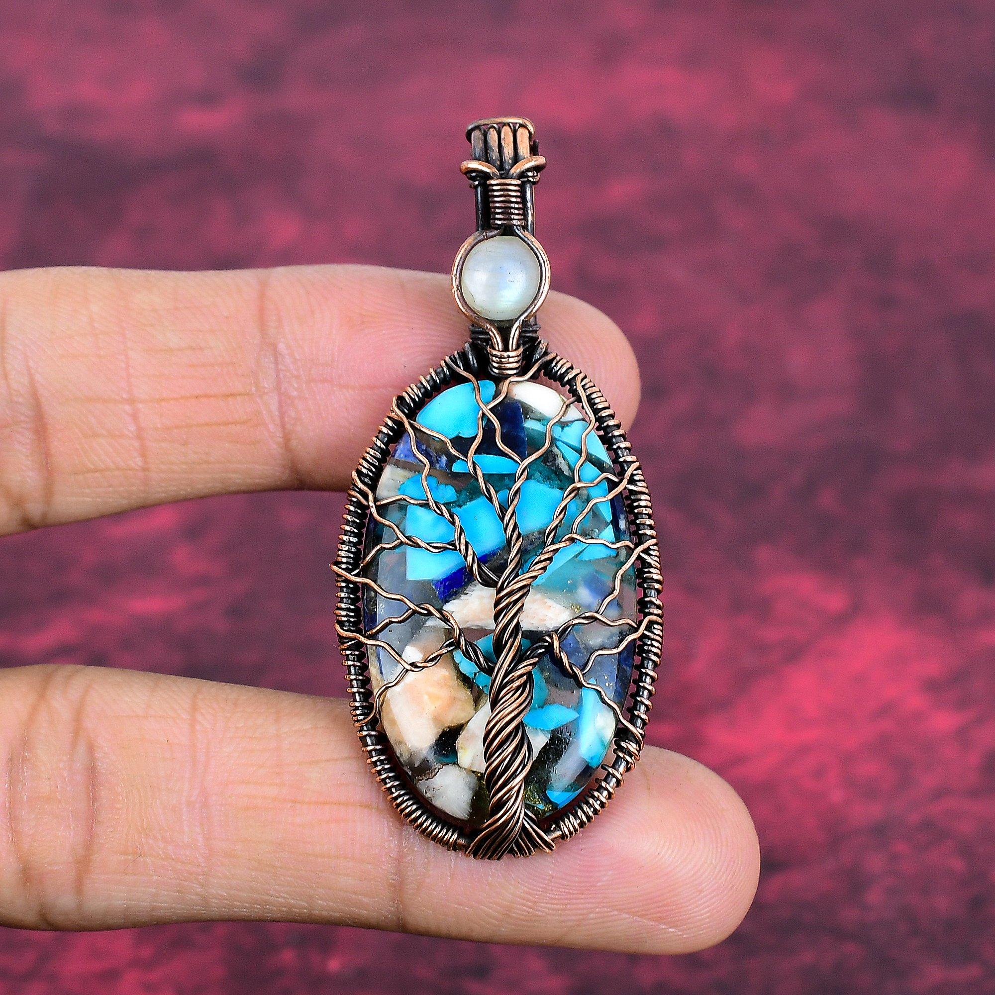 Tree Of Life Copper Blue Turquoise Pendant Copper Wire Wrapped Moonstone Jewelry
