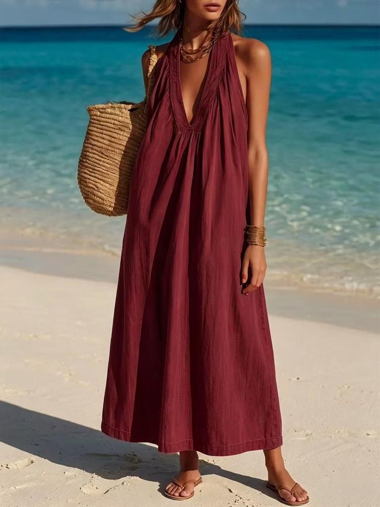 European and American women's clothing cotton and linen V-neck sleeveless long dress vacation wind beach dress