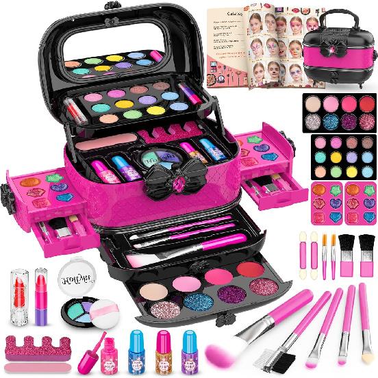 Hollyhi 58 Pcs Kids Makeup Kit for Girl, Princess Toys Real Washable Cosmetic Set with Mirror, Kids Makeup Sets for Girls, Play Make Up Birthday