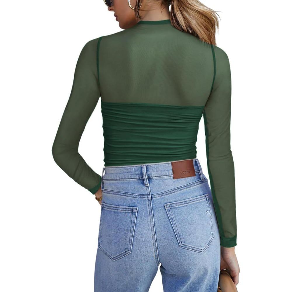 Women's Semi High Neck See Through Long Sleeved T-shirts with Sexy Mesh Top