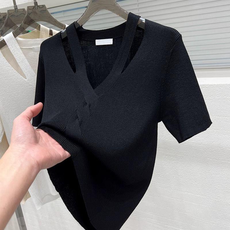 

Summer 2025 Ice Silk V-Neck Hollow Slimming T-Shirt 4XL чёрный