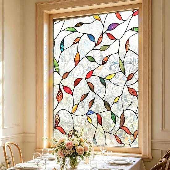 Buntglas Fensterfolie Regenbogen Floral Fenster Sichtschutzfolie Dekorativ Sonnenschutz Statisch Haftende Glasfolie für Haus Tür Fenster