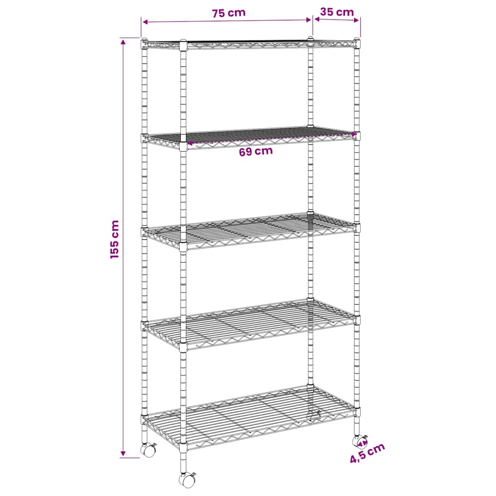 Storage Shelving Unit with 5 Shelves and Casters 75 x 35 x 155 cm Black 250 kg Capacity