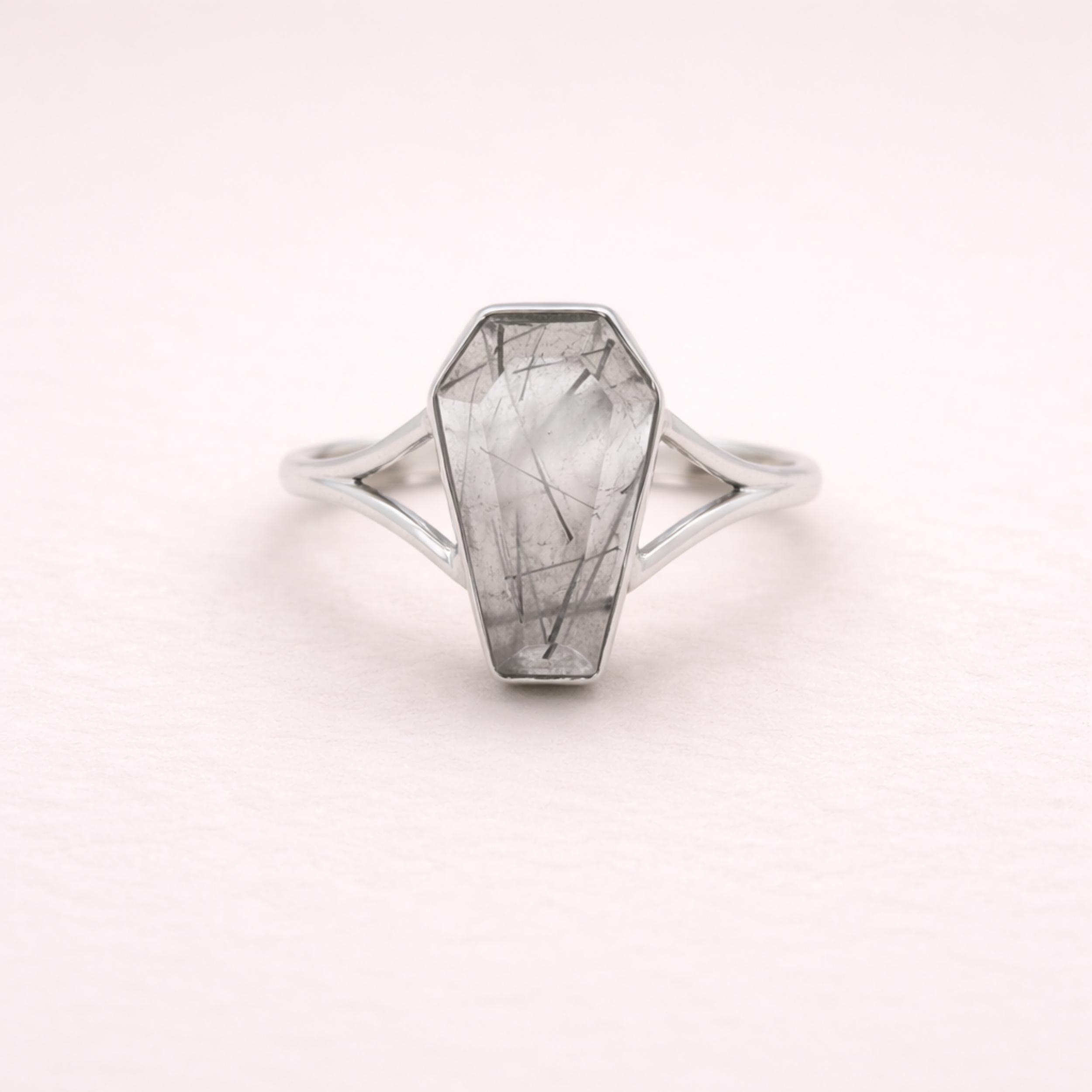 Black Rutile Quartz Coffin Ring in 925 Sterling Silver, Boho Gemstone Ring for Women, Dainty Handmade Jewelry 4 серебряный
