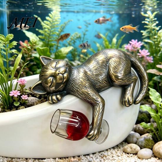 Creative Desktop Ornament Drunken Cat Statue Planter Hanger, Whimsical Flower Pot Ornament, Weatherproof Animal Resin Cute Kitten Figurine for