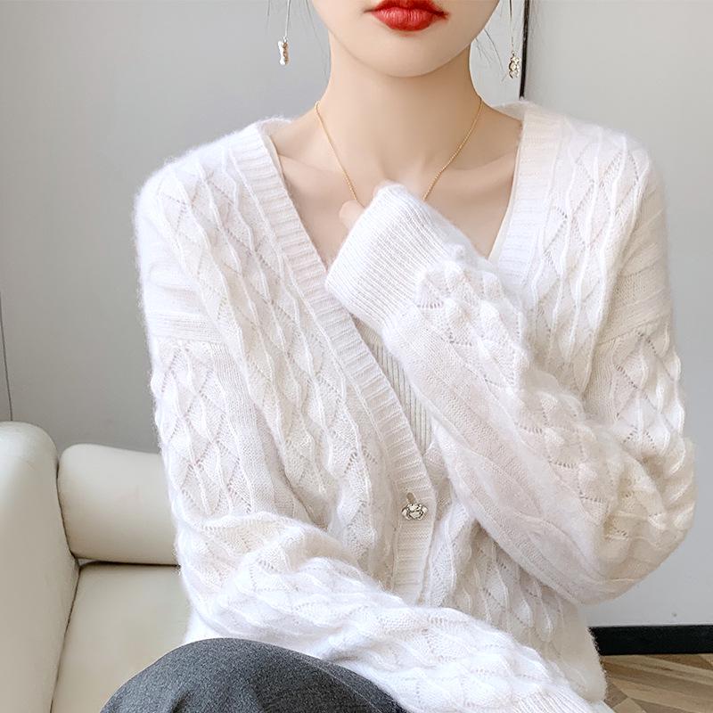 Women's 100% Pure Wool V-Neck Cardigan: Autumn/Winter Loose Knit Sweater Coat