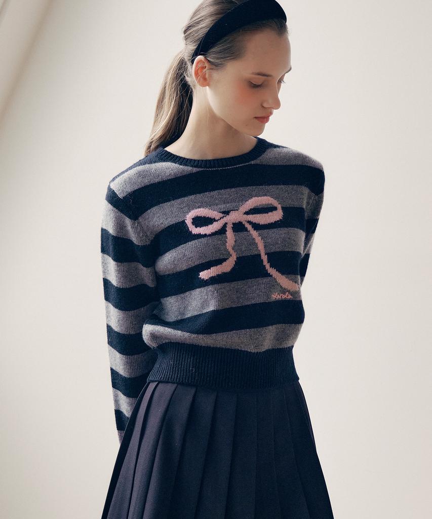 ROLAROLA Wool Blended Ribbon Stripe Knit Gy+Bk