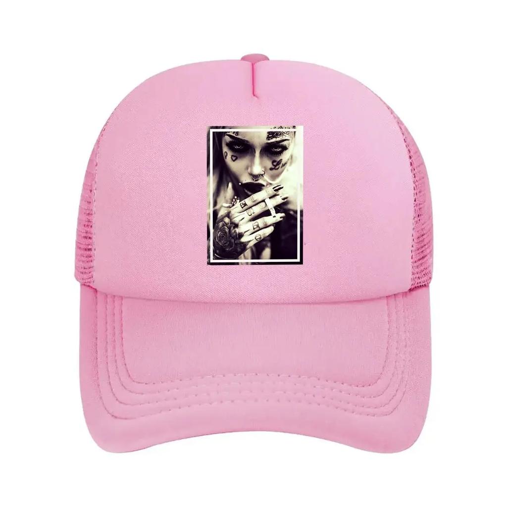 Tattooed Woman Edgy, Monochrome Portrait of Ink - Adorned Figure Mesh Baseball Cap