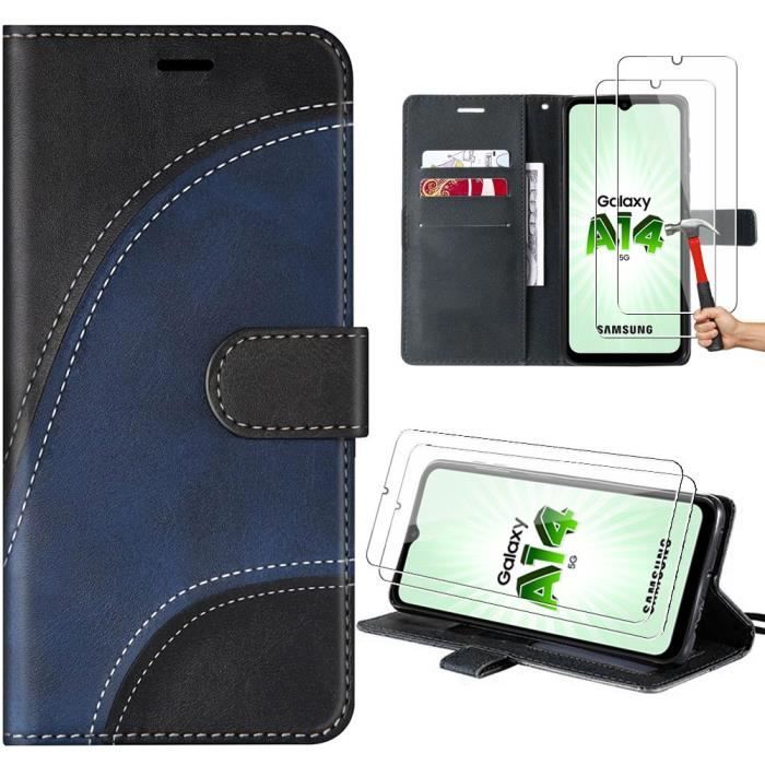 Coque pour Samsung Galaxy A14 5G-4G + 2 Verres Trempés, Motif Abstrait Epissé en Cuir PU Noir