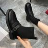 Women's Black Round Toe Loafers 2025 Autumn Winter Knit Elastic Socks Boots Retro Fashion Casual Comfortable Ankle