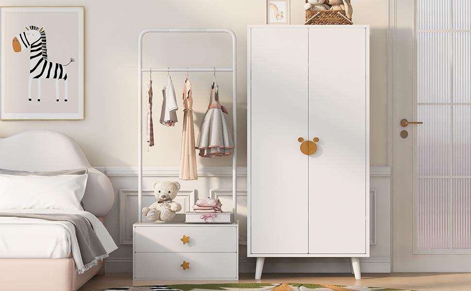 Wardrobe (single Item 70 × 55 × 170 Cm), Double Door Design with Large Storage Compartments, Cartoon-shaped Handles and Raised Feet, Wood Color