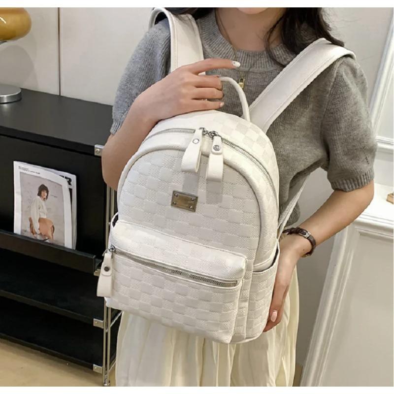 Neue Damen Mode Kariertes Leder Doppelreißverschluss Schultertaschen Hohe Kapazität Reise Rucksack Schultasche Weibliche Lässige Rucksäcke