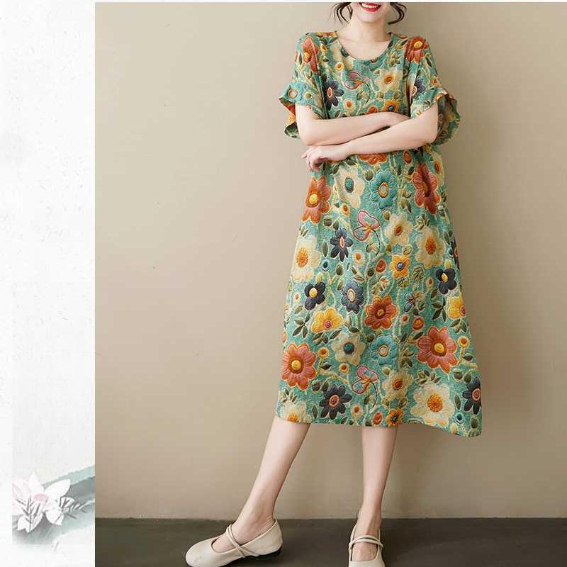 Summer Thin Cotton and Linen Retro Mid Length Dress with Feminine Temperament