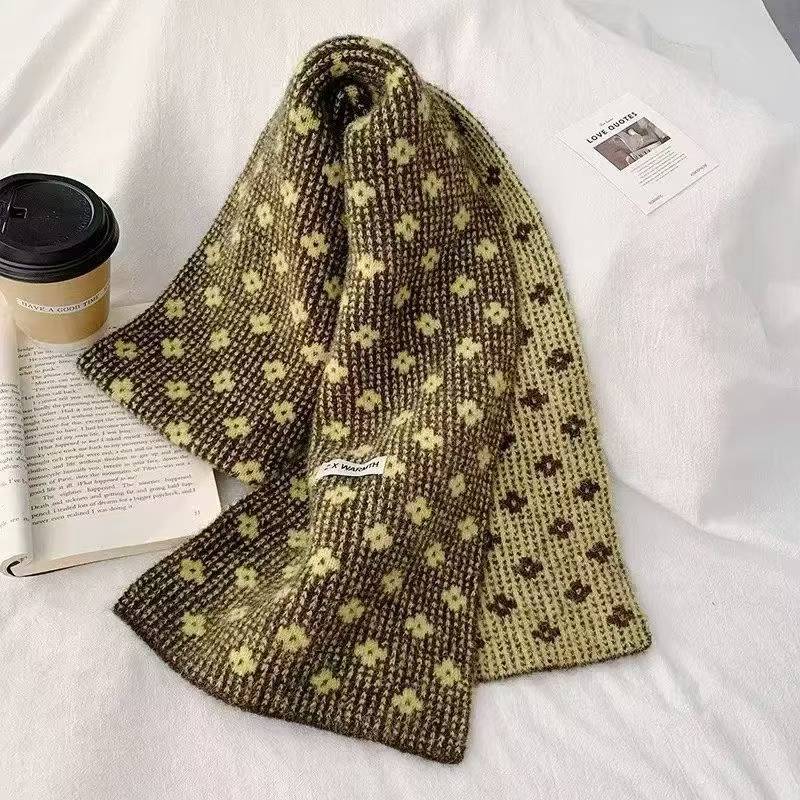 Korean Atmosphere Retro Flower Double-sided Knitted Scarf Women's Winter New Blue Warm Student Neck Scarf